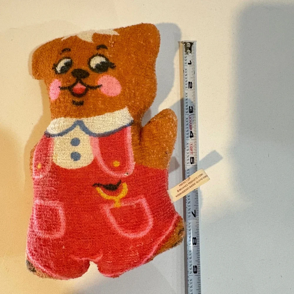 Vintage Protect-O Reliance Products Bear Plush Terry Cloth Red Overalls Toy 8.5